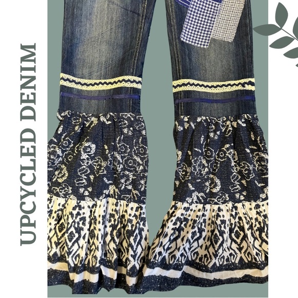 Upcycled Denim Bell Bottom Jeans Patchwork Ribbon Lace Blue Cream White Size 27 - Picture 5 of 8